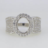 Sterling Silver Semi Mount Ring Setting OV 9x7mm Halo Cabochon White T Solid - Syzjewelry